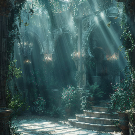 Gorgeous gothic interior with light rays and flowers.の素材