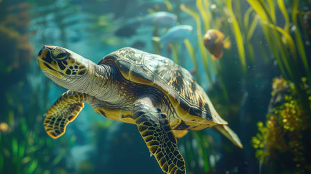 Turtle swims in an aquarium with fish. Close-up.の素材