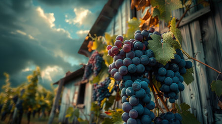 Bunch of grapes against the background of an old wooden house.の素材
