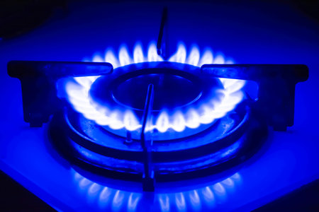 Close up gas burners in the darkの写真素材