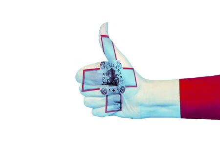 Hand showing the sign of like and okay. Close up of female hand showing victory sign isolated on white background. Woman hand gesturing peace sign.の写真素材