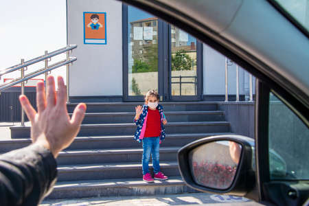 Empty class with labels Don't sit on the desks hereの写真素材