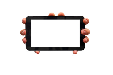 Man holding tablet with both hands on white isolated background