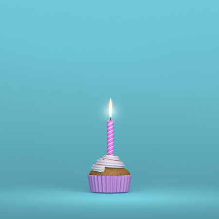 A birthday candle lighting on a creamy muffin cupcake on a blue background and pink colors with copy...