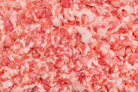 Minced pork closeup, raw meat texture, background.の写真素材