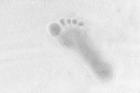 Trail from one man's foot on white beach sand background.の写真素材