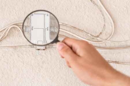 A worker's hand inspects a large antenna splitter with a magnifying glass, close-up.の写真素材