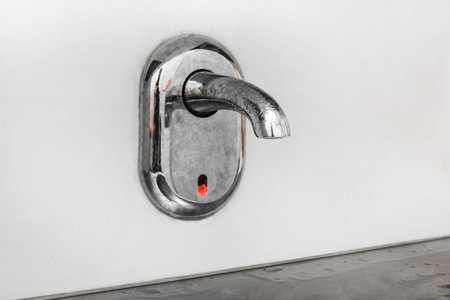 Metal automatic water tap with touch sensor, close-up.