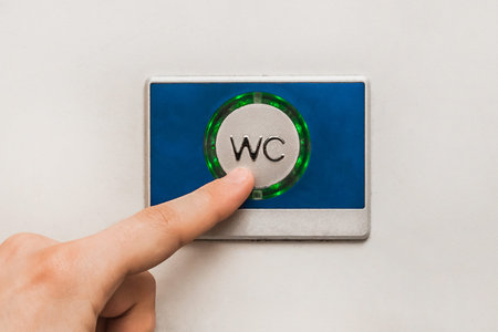 A man's hand presses a finger on the flush button in a modern toilet of the stadler electric train,...