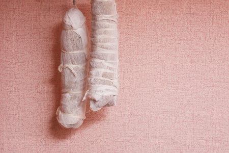 Pork loin, polendwitz wrapped in gauze and hung for drying.