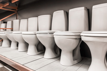 An assortment of new modern white toilets in a hardware store.の写真素材