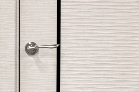 Modern white wooden door with abstract light patterns close-up, metal door handle.の写真素材