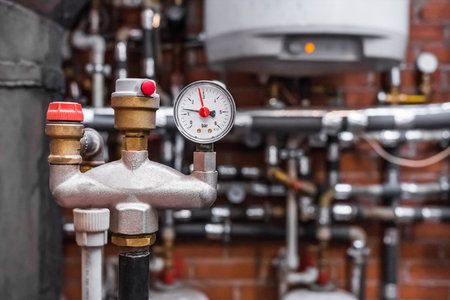 A pressure gauge with an automatic safety valve on the pipe against the background of a heating unit...