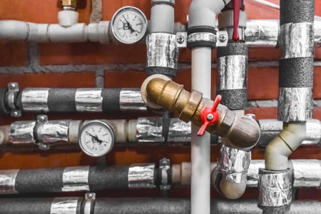 Insulated water pipe system valve. Heating unit at an industrial enterprise.