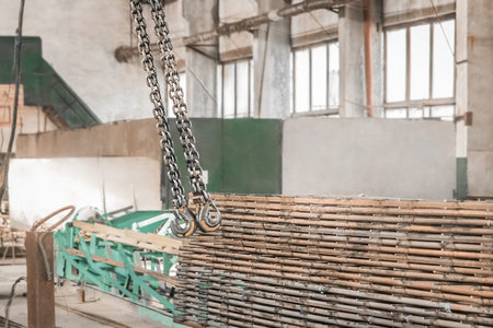 Lifting mechanism of an overhead crane with a hook and chain next to the reinforcement of iron structures in a workshop of an industrial enterprise.の写真素材