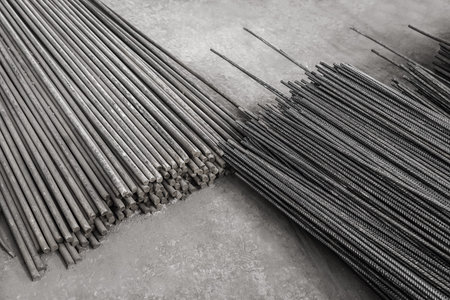 Reinforcement of concrete structures on plant. Armature storage materials in industrial workshop....