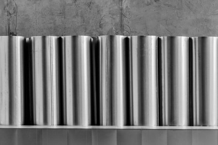 Pile of round metal pipes at a construction site. Storage steel tube industrial materials on...