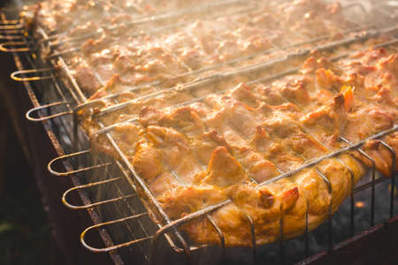 Cooking barbecue chicken meat food on the grill with smoke, outdoor rest.の写真素材