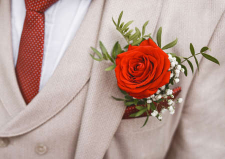 Men's beige wedding suit with a red polka dot tie, decorated with a rose, close-up.の写真素材