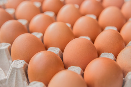 Raw chicken eggs in a cardboard tray, farm brown eggs background, soft focus.