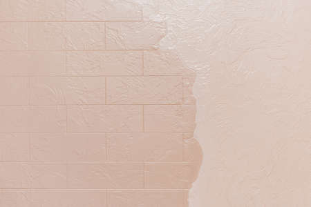 Light beige and coffee milky shade surface brick and white abstract wall pattern texture background modern interior.の写真素材