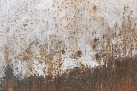 White dirty metal texture with abstract old brown pattern worn surface, peeling iron background.