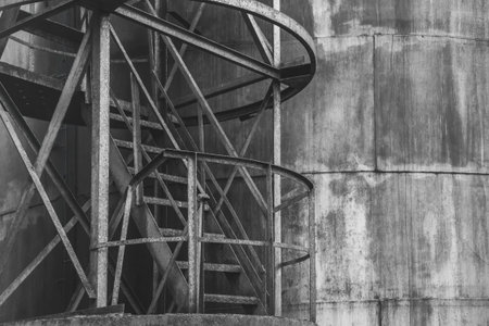 Fuel old chemical tank barrel oil in an industrial abandoned plant. Ladder to a dirty cistern.