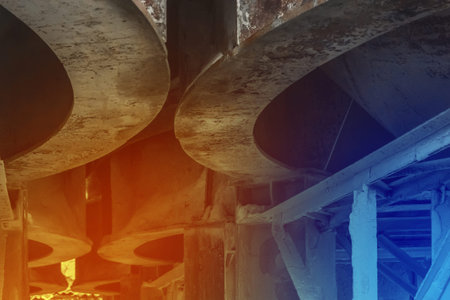 Old worn metal structures. The lower part of iron chemical barrels for the storage of industrial...