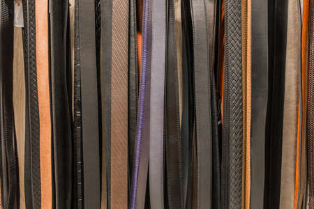 A set of different fashionable leather belts collection of men's accessories for pants and jeans.の写真素材