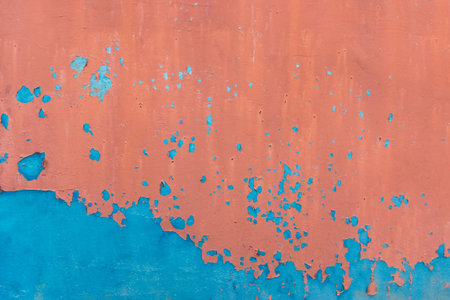 Red-brown peeling paint with old metallic texture blue abstract steel pattern rough worn iron...