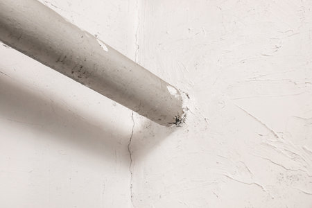 Old steel pipe heat house heating system in white plaster wall.の写真素材