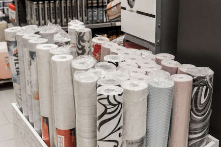 Samples of different wallpaper paper material in rolls for home design and interior decorations of the walls of the room.の写真素材