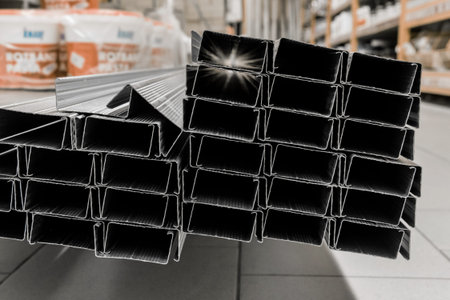 A bunch of steel pipes installation pipeline building metal construction material.の写真素材