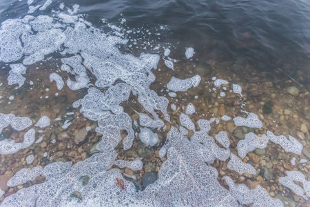 White foam abstract natural foamy pattern on the surface of the water lake background texture.