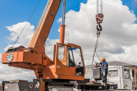 Belarus, Minsk region - May 20, 2020: Machine Beam Crane Heavy Lifting Industry Vehicle Construction...