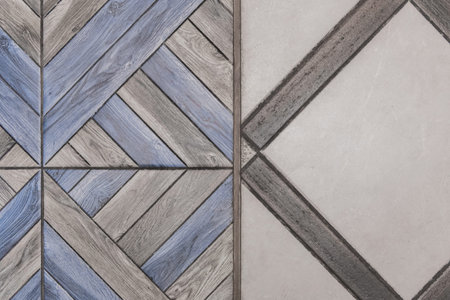 Abstract geometric floor exterior pattern with tiles and blue boards texture design modern interior...