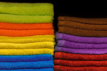 Set pile stacked colored fabric towels object hygiene bathroom concept.の写真素材