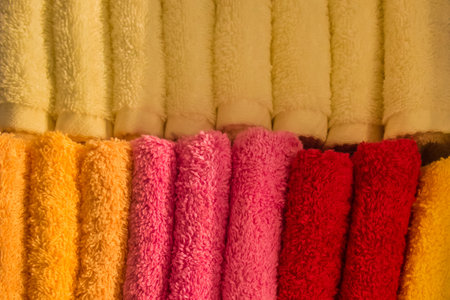 Set pile stacked colored fabric towels object hygiene bathroom concept.の写真素材