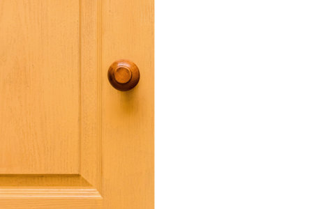 Yellow wooden door, element of interior room exit open home doorway white isolated background.