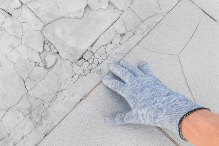 Hand of male construction worker in protective gloves examines old broken tile floor background. Renovation concept.の写真素材