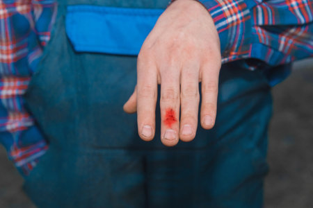 Cut to blood, finger hurts, wound blood, hand close-up.の写真素材