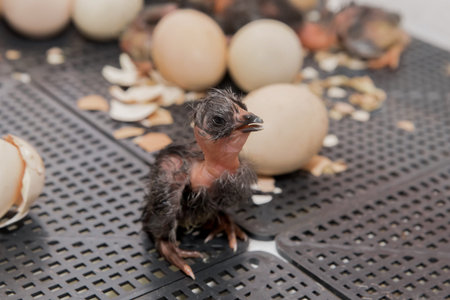 Close-up of dark newborn chick chicken little cute hen in hatching eggs in incubator, poultry...