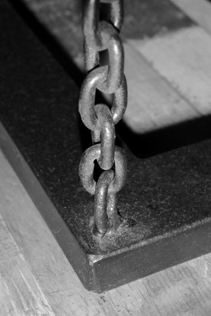Chain hoist lift heavy weight cargo load hang object gear winch hoisting sling, rope high equipment industrial metal industry.の写真素材