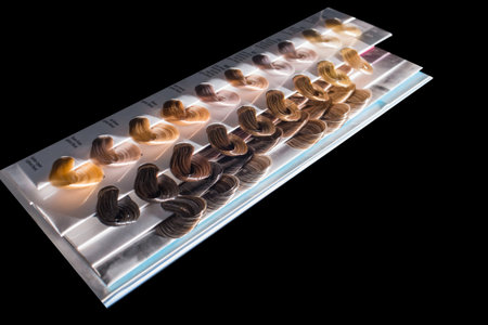 Miscellaneous various samples color palette dye coloring hair shade tint on black background...