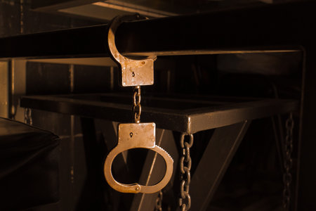 Crime justice arrest criminal object chain law legal control metal rusty police lock handcuff...