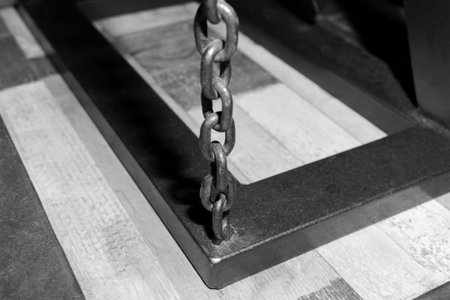 Chain hoist lift heavy weight cargo load hang object gear winch hoisting sling, rope high equipment industrial metal industry.の写真素材