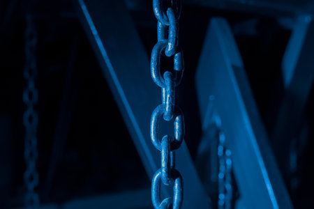 Chain hoist lift heavy weight cargo load hang object gear winch hoisting sling, rope high equipment industrial industry.の写真素材