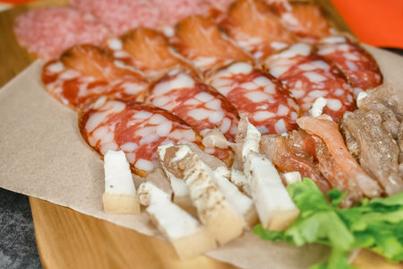 Meat or sausage, hearty, delicious sliced food, an appetizer for beer on a wooden board.