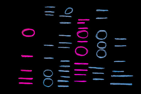 Signs and symbols round and colored sticks, counting lines, oval, circle for design on a black...