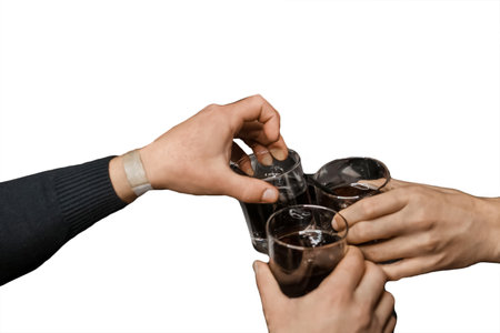 A group of people at a party clinking glasses against the white background.の写真素材